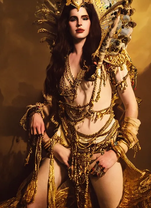 Image similar to studio photograph of lana del rey as shiva, clear facial features by john singer sargent, beautiful extravagant costume details, jewelry, beautiful lighting, octane.