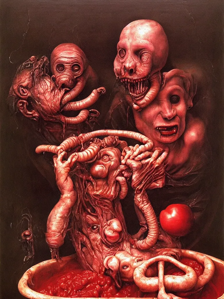 Image similar to a boy like eraserhead and elephant man sitting in a tub full of tomato sauce, looking straight into camera, screaming in desperation, baptist ritual, by giuseppe arcimboldo and ambrosius benson, renaissance, fruit, intricate and intense oil paint, a touch of beksinski and hr giger and edward munch, realistic