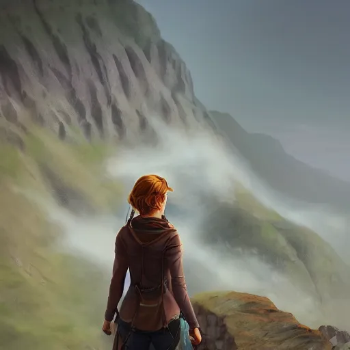 Prompt: digital portrait painting of an adventurer woman facing away from the camera, looking at cliffs and mountains in the distant fog, trending on artstation, cgsociety