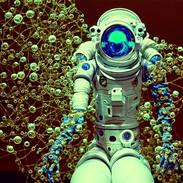 Image similar to a cybernetic symbiosis of a single astronaut mech-organic eva suit made of pearlescent wearing knitted shiny ceramic multi colored yarn thread infected with diamond 3d fractal lace iridescent bubble 3d skin dotted covered with orb stalks of insectoid compound eye camera lenses floats through the living room, film still from the movie directed by Denis Villeneuve with art direction by Salvador Dalí, wide lens,kevlar,carbon fiber,ceramics,gaseous materials,