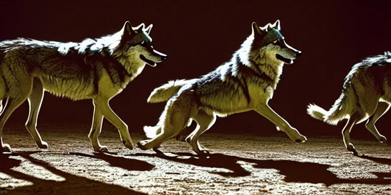 Prompt: wolves perfoming in the circus. extreme long shot. photo from national geographic