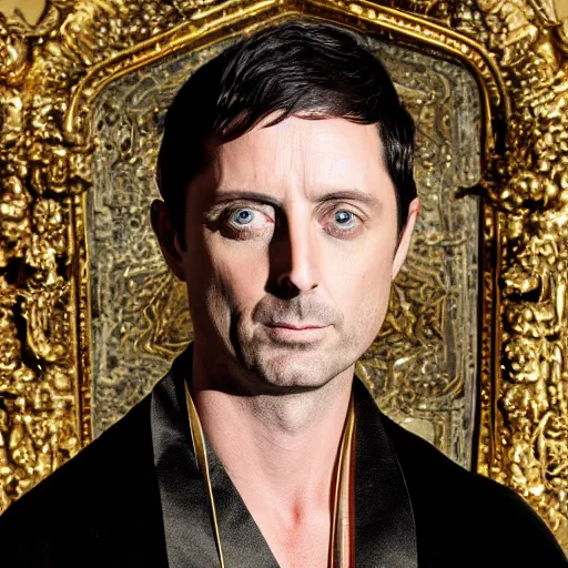 Image similar to mathew goode wearing black robe and golden necklace cinematic photoshoot high quality highly affordable photo realistic 8 k hd