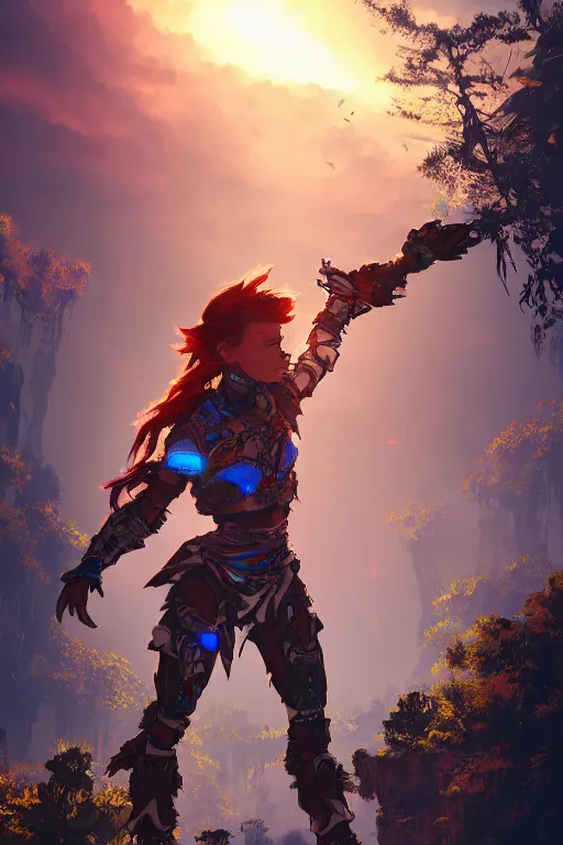 Image similar to combination suit armor aloy horizon forbidden west horizon zero dawn radiating a glowing aura global illumination ray tracing hdr fanart arstation by ian pesty and alena aenami artworks in 4 k tribal robot ninja mask helmet backpack