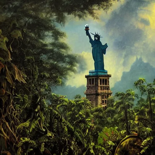 Image similar to close up of statue of liberty reclaimed by the jungle , surrounded by tall vines in oversized misty jungle, dramatic sunset and dramatic sky , very detailed oil painting by frazetta, low angle, postapocalyptic panorama.asthetics !