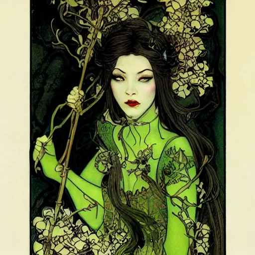 Image similar to a beautiful tarot card of poison ivy as a medieval chinese princess, dark eyeliner, intricate, elegant, highly detailed, digital painting, artstation, concept art, matte, sharp focus, illustration, art by rebecca guay and by arthur rackham and by alphonse mucha and by john william waterhouse