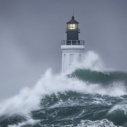 Image similar to close up of light house on cliffs with rough seas and high waves, stormy unreal 5