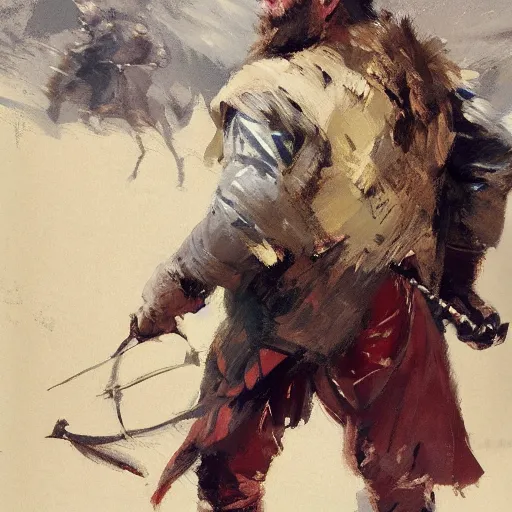 Image similar to portrait of rider wearing gambeson holding bow, detailed by greg manchess, craig mullins, bernie fuchs, walter everett, low angle