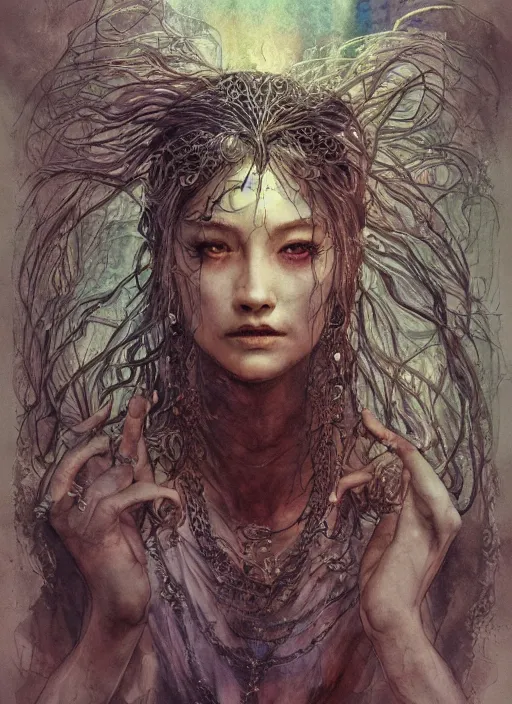 Image similar to portrait, the mystical sage woman who opens the door to the dream realms, watercolor, dramatic lighting, cinematic, establishing shot, extremely high detail, foto realistic, cinematic lighting, pen and ink, intricate line drawings, by Yoshitaka Amano, Ruan Jia, Kentaro Miura, Artgerm, post processed, concept art, artstation, matte painting, style by eddie mendoza, raphael lacoste, alex ross