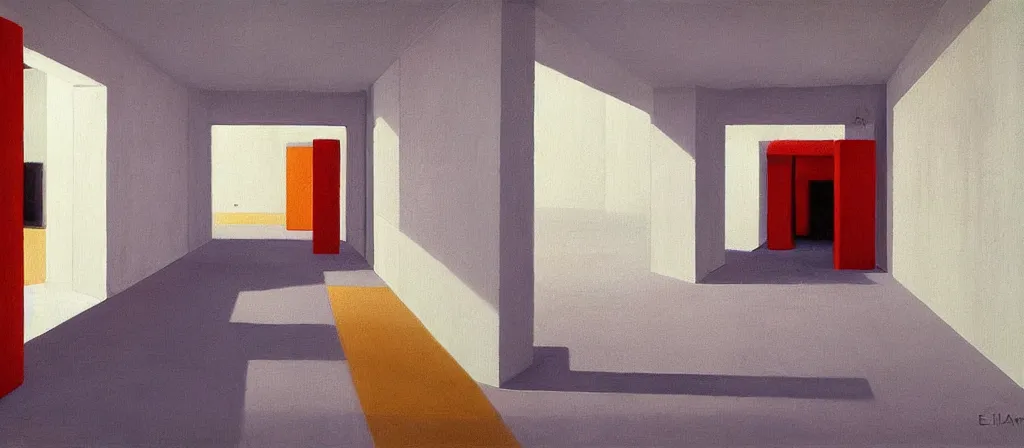 Image similar to colorful minimalist industrial interior hallway with monolithic pillars in the style of ridley scott and stanley kubrick, impossible stijl architecture, bed of flowers on floor, ultra wide angle view, realistic detailed painting by edward hopper