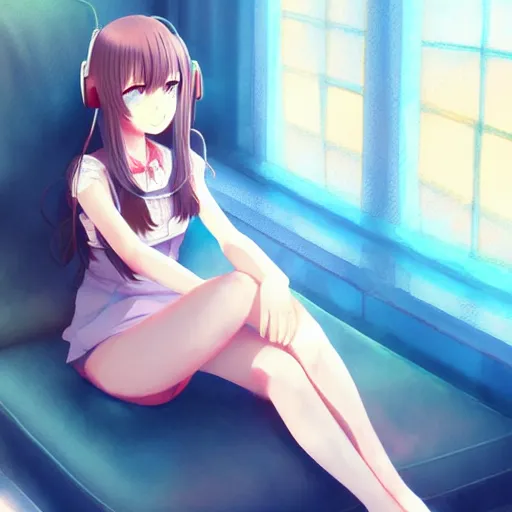 Image similar to anime beautiful girl sits on the sofa and listens to music, the sun shines through the window, clear face, beautiful body, dream light, highly detailed, 8 k, pixiv, in style of kyoto animation, art by cushart krenz