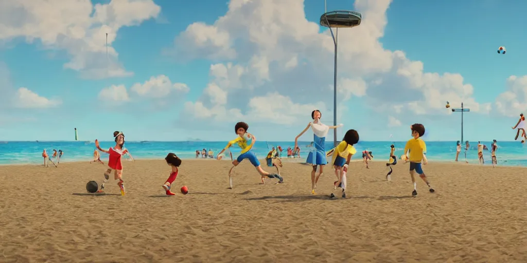 Prompt: a film still of a scene, where children playing football and badminton, a sunny and colourful beach scene in hawaii, the weather is very windy. wide shot, wes anderson, studio ghibli, pixar and disney animation, sharp, rendered in unreal engine 5, anime key art by greg rutkowski, bloom, dramatic lighting