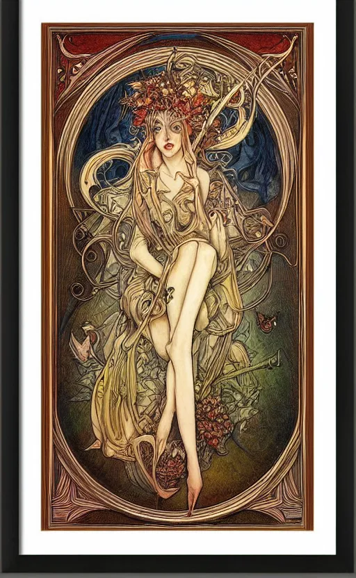 Prompt: art nouveau framed print by brian froud, goddess of autumn