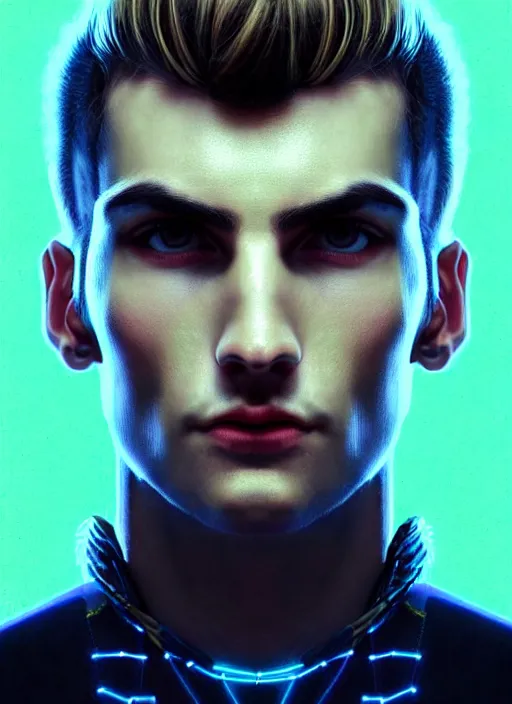 Image similar to a highly detailed long shot photo of masculin male face portrait, futurism, rococo cyber neon lighting, detailed futuristic fibonacci jewelry, profile posing, hyper photorealistic, crispy quality, digital photography, trending in pinterest, cinematic, 4 k ultra hd, art by pascal blanche, art by greg rutkowski, art by artgerm,