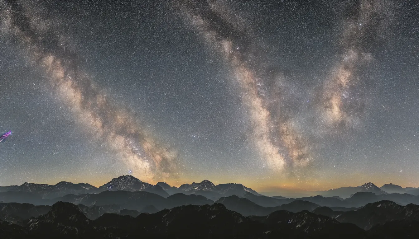 Prompt: night view of milky way behind mountains, 8k photography