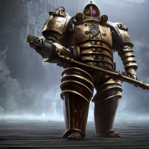 Image similar to a man wearing heavy nautical armor, Bioshock inspired, Realistic octane render, high detail