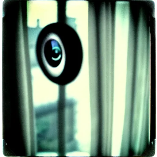 Image similar to beautiful android spying on you though the curtains of a window as you stand outside, polaroid