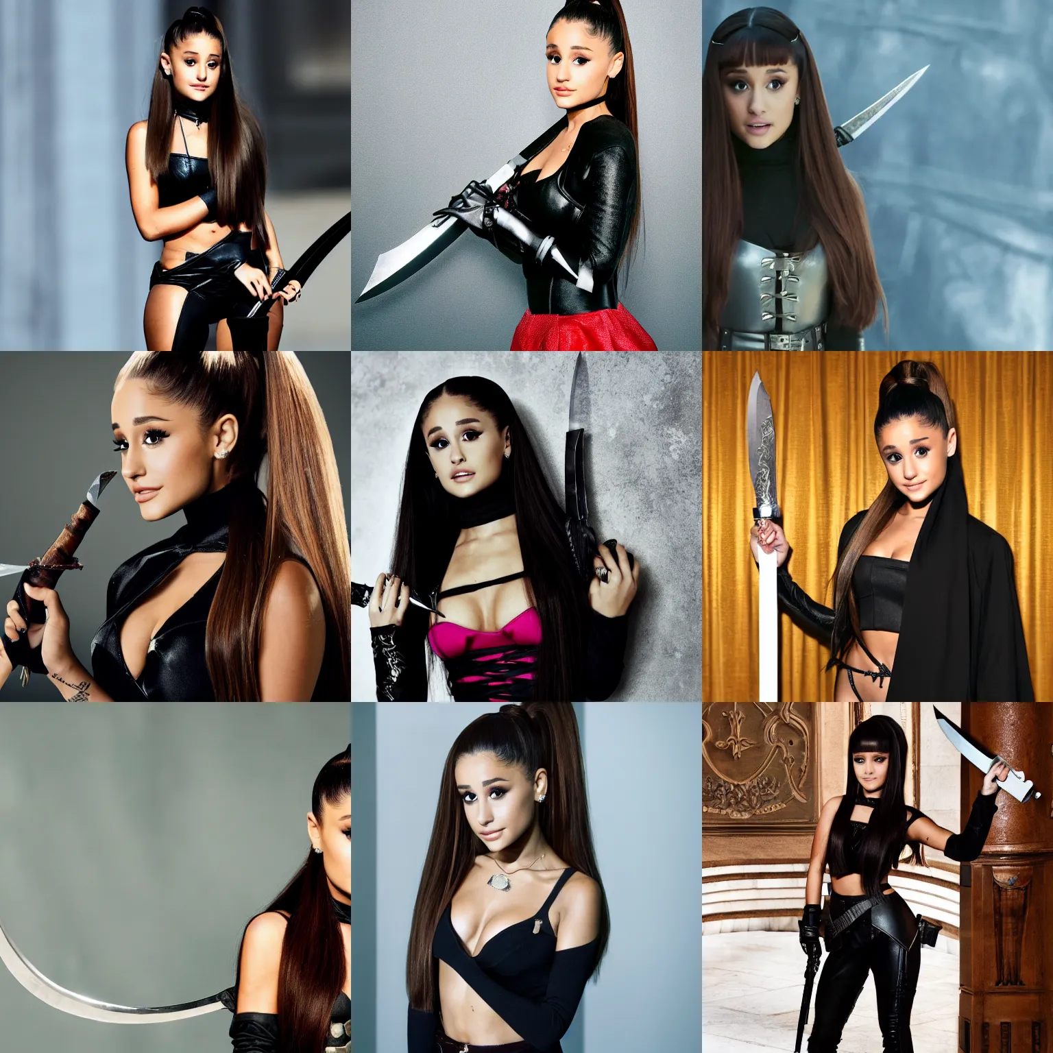 Prompt: Ariana Grande wearing an assassin's outfit and holding a dagger, picture, 4K, 8K, full hd, full res, uhd