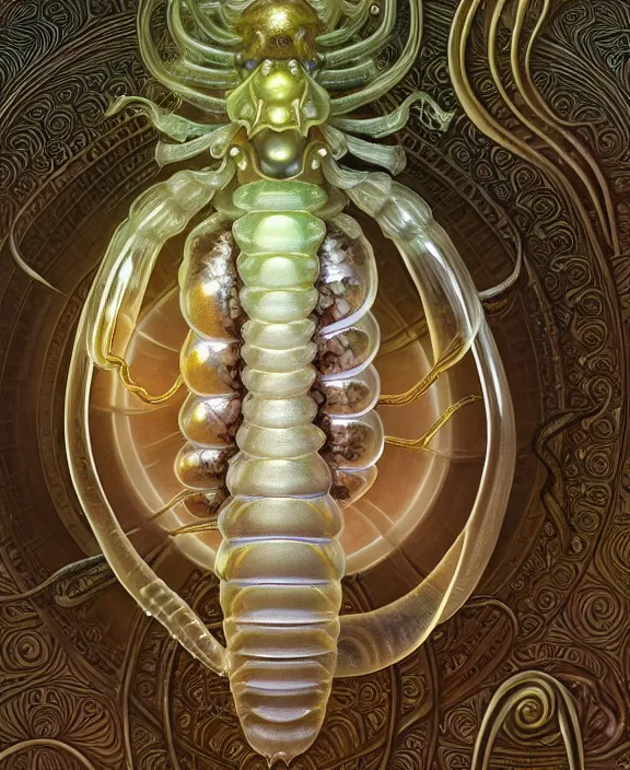 Image similar to intricate ornate opulent transparent clear see - through portrait of a horrific beautiful isopod nautilus snake, fractal, adorable, childlike, overgrown biopunk jungle environment, ultra realistic, concept art, art nouveau, photorealistic, octane render, 8 k, unreal engine. art by christopher marley and artgerm and greg rutkowski and alphonse mucha