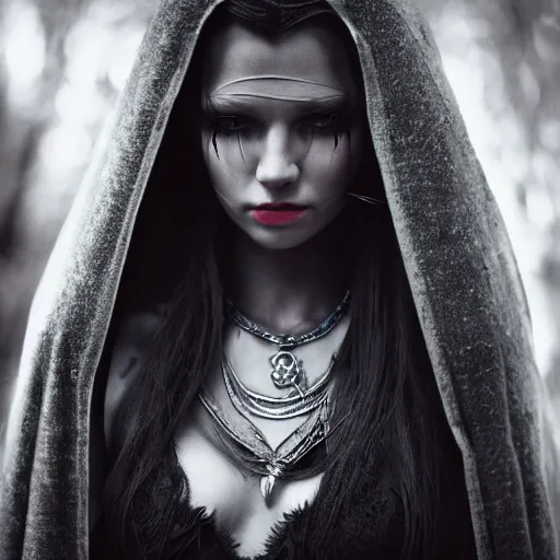 Prompt: beautiful portrait of a dark sorceress female, 35mm, cinematic shot, photorealistic, depth of field, style of irwing penn