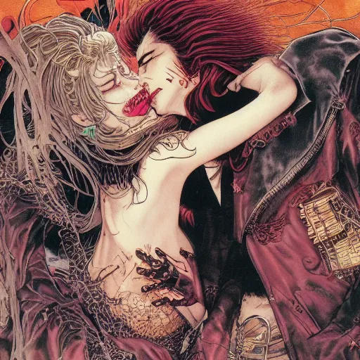 Image similar to closeup of vampire kiss, by yoichi hatakenaka, masamune shirow, josan gonzales and dan mumford, ayami kojima, takato yamamoto, karol bak