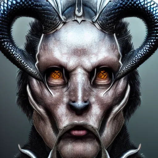 Prompt: extremely realistic portrait of a real life creepy titanium black cubra snake king, fantasy, trending on artstation, heroic pose, looking at the camera, sharp horns, highly detailed, profile picture, 8k