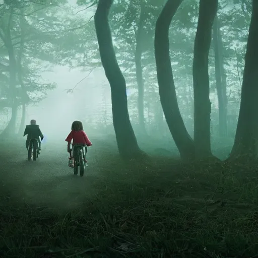 Prompt: minions in the stranger things upside down world, realistic, photography, award winning, 8 k, wide shot, still frame from the princess mononoke film, in the woods at night, overgrown grass, dramatic, animals, gloomy, volumetric light, ground mist, cinematic, filmic,