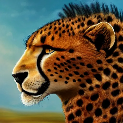 Prompt: profile view of cute fluffy cheetah cub with long colorful flowing lion mane blowing in the wind with mohawk top hairstyle hybrid animal detailed painting 4 k