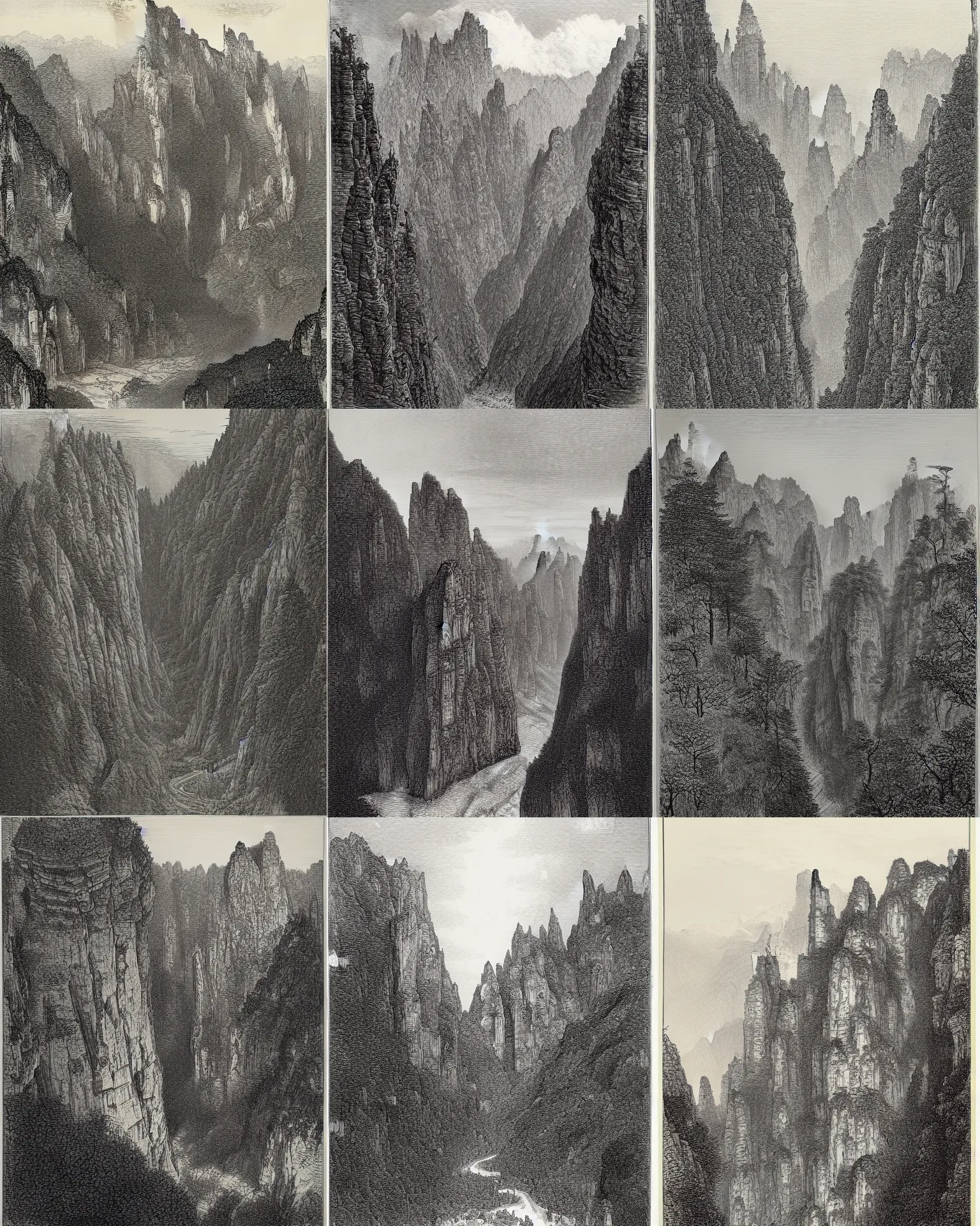 Prompt: an engraving of southern sky column, zhangjiajie national forest park by gustave dore, highly detailed, lithograph engraving