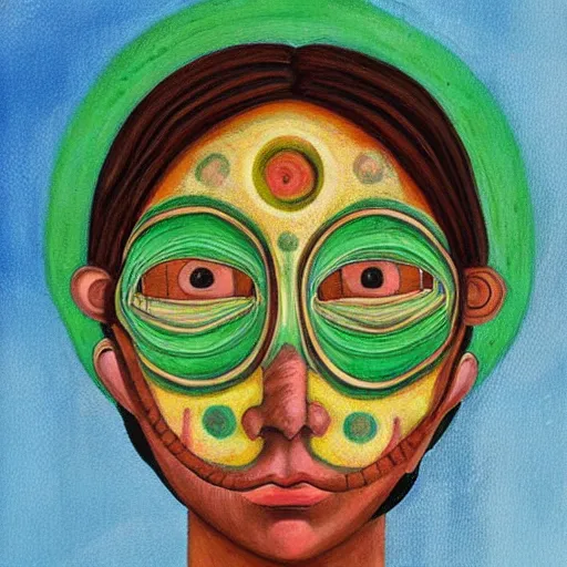 Image similar to Art in the style of Octavia Ocampo, Gaia, Mother Earth, side portrait, mask inside mask