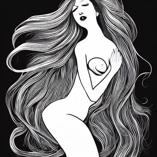 Image similar to black and white illustration, creative design, beautiful feminine mermaid with flowing hair