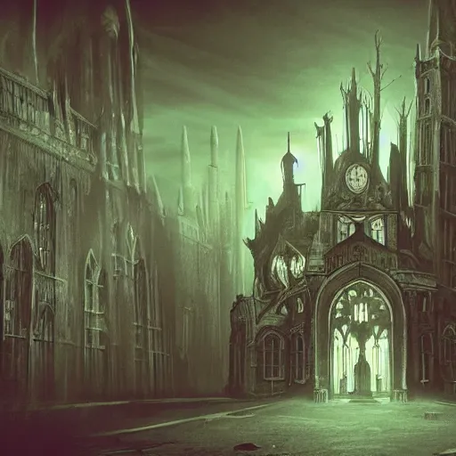 Prompt: a gothic horror lovecraftian cityscape in an eternally dark haunted world full of demons and ghosts