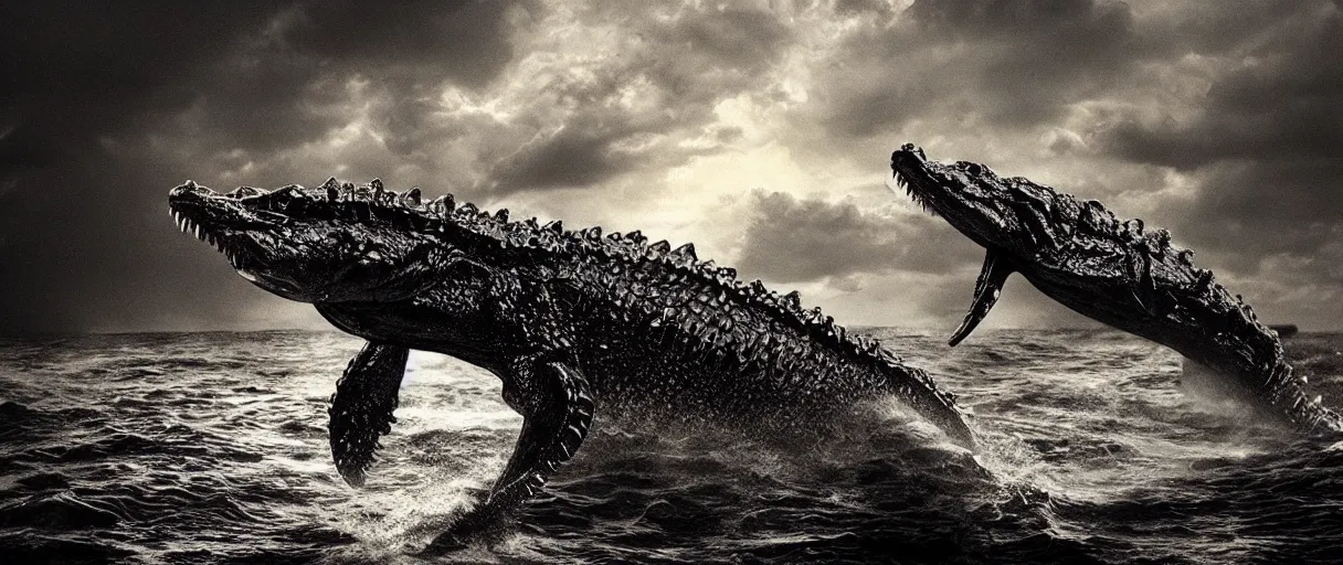 Prompt: ocean monster iron small crocodile dramatic lighting establishing shot extremely high detail foto realistic cinematic lighting post processed