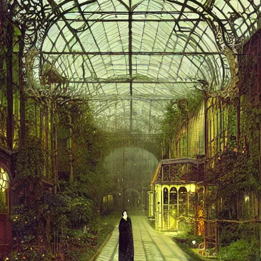 Prompt: a beautiful painting of an eerie hovering ghost inside a large overgrown victorian greenhouse with large windows, warm lights, evening, stunningly beautiful art nouveau architecture, by john atkinson grimshaw