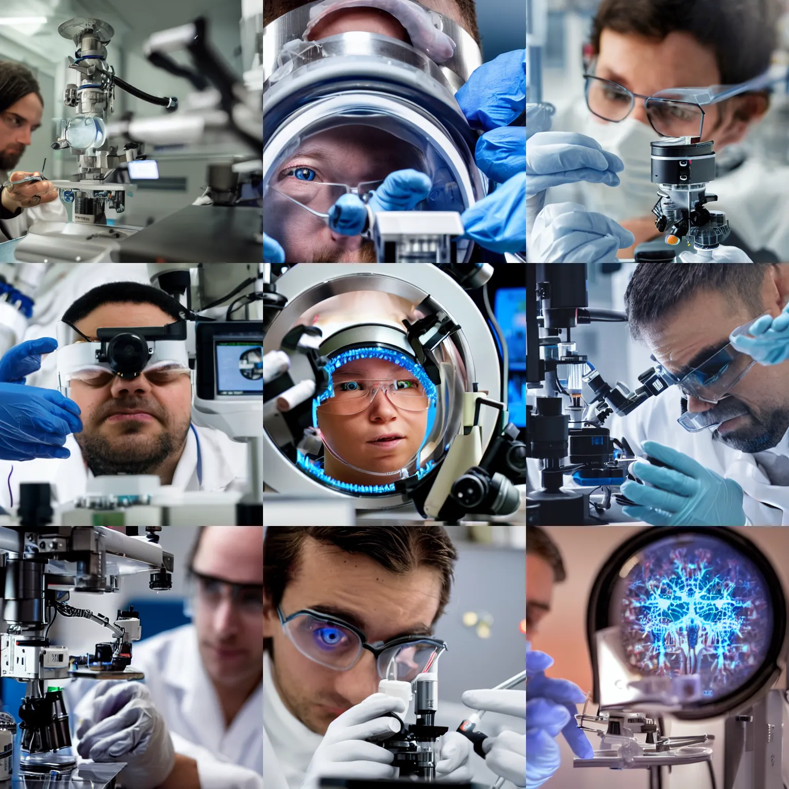 Prompt: scientist in lab doing extreme closeup microscopy of tiny cyborg, focus on cyborg