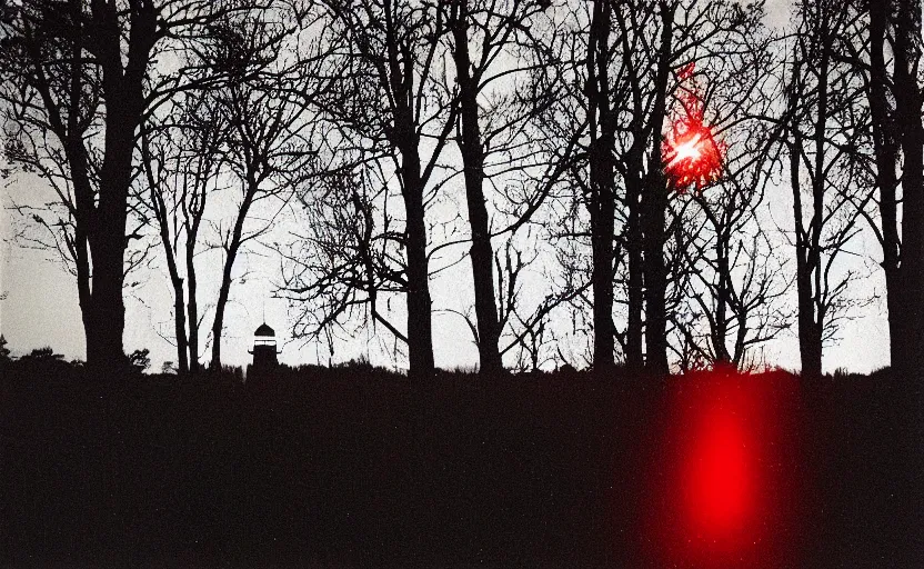 Image similar to lighthouse that shines red beam, field, night, unsettling, burning trees, photo 1998