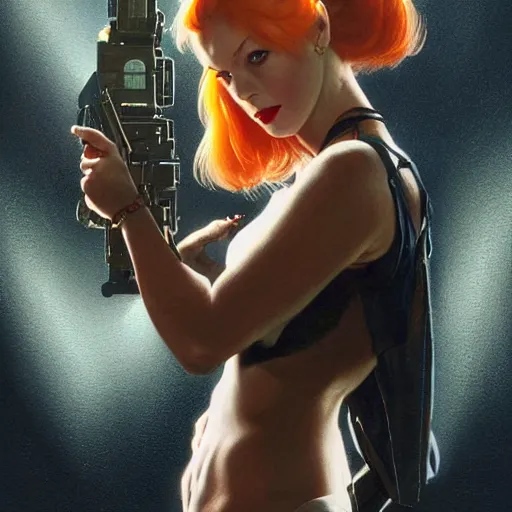 Image similar to portrait of bruce willis dressed as pin - up, holding a gun, distopic, the fifth element, futuristic, science fiction, intricate, headshot, highly detailed, digital painting, artstation, concept art, sharp focus, cinematic lighting, illustration, art by artgerm and greg rutkowski, alphonse mucha, cgsociety,