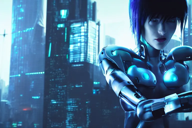Prompt: cyberpunk ghost in the shell concept inspired android, futuristic look, highly detailed body, very powerful, photorealistic camera shot, bright studio setting, studio lighting, crisp quality and light reflections, unreal engine 5 quality render