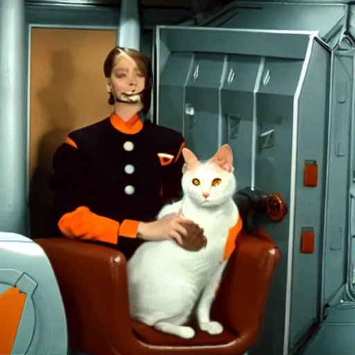 Image similar to An orange and white cat sitting in the captain's chair of the USS Enterprise. Vintage TV show, centered.