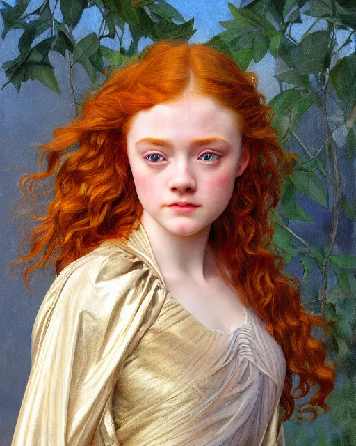 Image similar to realistic oil painting of sadie sink or redheaded saoirse ronan wearing a reflective gold club dress, highly detailed, intricate, elegant, digital painting, smooth, sharp focus, illustration, ultra realistic, 8 k, by bouguereau, alphonse mucha, artgerm, and donato giancola