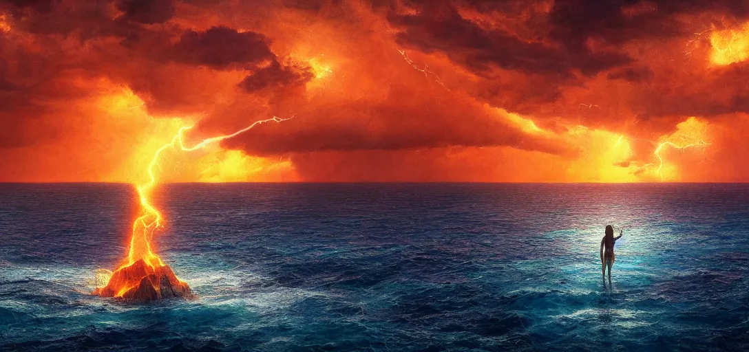 Image similar to aerial painting of a giant beautiful female, standing in the middle of the ocean, the sky is on fire. neill blomkamp cinematography, atmospheric lightning, godray, concept art, in the style of bob byerley, 8 k high details