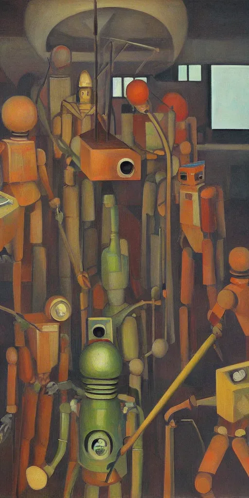 Image similar to robots falling down a deep shaft, grant wood, pj crook, edward hopper, oil on canvas