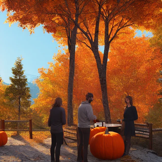 Prompt: pumpkin headed people ordering coffee at a coffee stand, maple trees with fall foliage, on a mountain in new hampshire, volumetric, realistic, cinematic lighting, ray tracing, unreal engine 5, octane render, hyper realistic, photo, 8 k