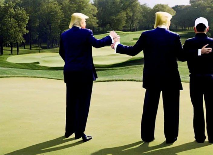 Image similar to front view of a single Donald Trump with hands behind back taken away by two young FBI agents wearing uniforms at golf course, photo by Alex Webb, photo by James Nachtwey