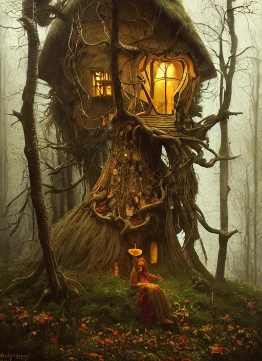 Image similar to highly detailed oil painting | very intricate | cinematic lighting | award - winning | the lonely witch hut in the forest fashion by alexander mcqueen | by roberto ferri, by tom bagshaw, by j. c. leyendecker and klimt, american romanticism, by austin osman spare, artstation, cgsociety, official art, octane