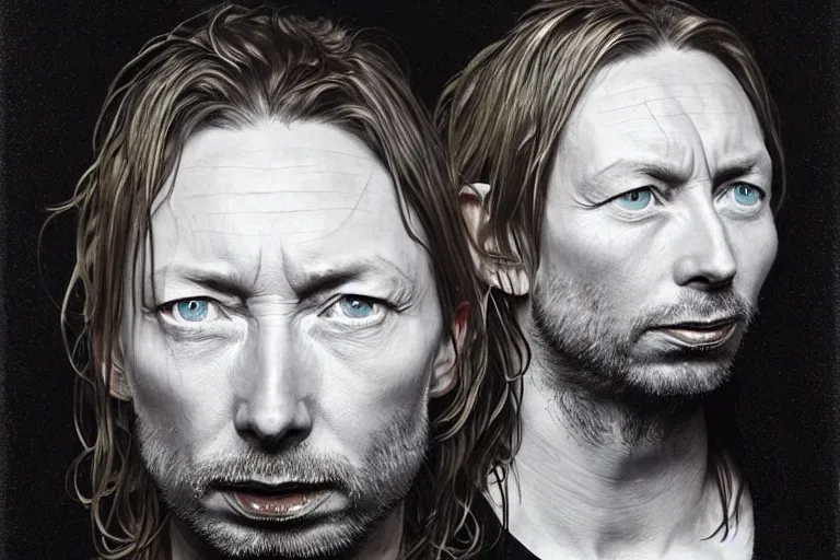 Image similar to hyper realistic portrait of wider faced thom yorke, bigger nose, on a stage, by lee bermejo, alphonse mucha and greg rutkowski