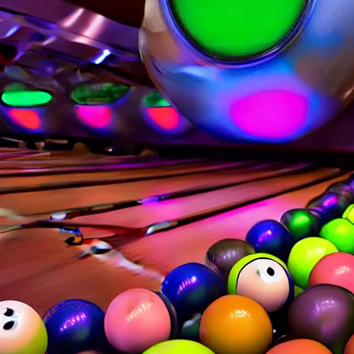 Image similar to Mike wazowski sat in a rack of bowling balls, at the bowling alley, middle lane, Pixar animation, soft lighting, 4k