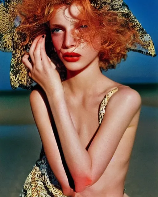 Image similar to a beautiful professional photograph by herb ritts, arthur elgort and ellen von unwerth for vogue and harper's bazaar magazines of a very beautiful lightly freckled and unusually attractive female fashion model