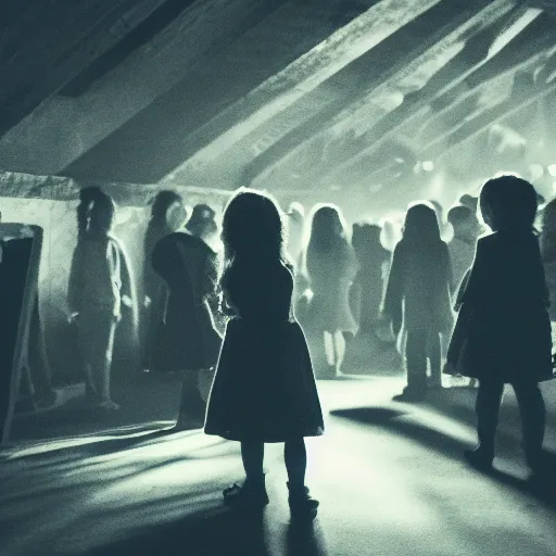 Image similar to Little devil crowd in the attic, dark, shadows, night, 8k Photography