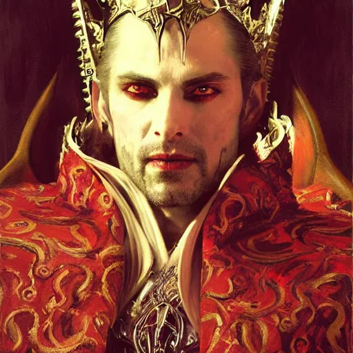 Image similar to perfectly centered portrait of attractive vampire king in a robe sitting on a throne of bones, highly detailed painting by gaston bussiere, craig mullins, j. c. leyendecker, 8 k