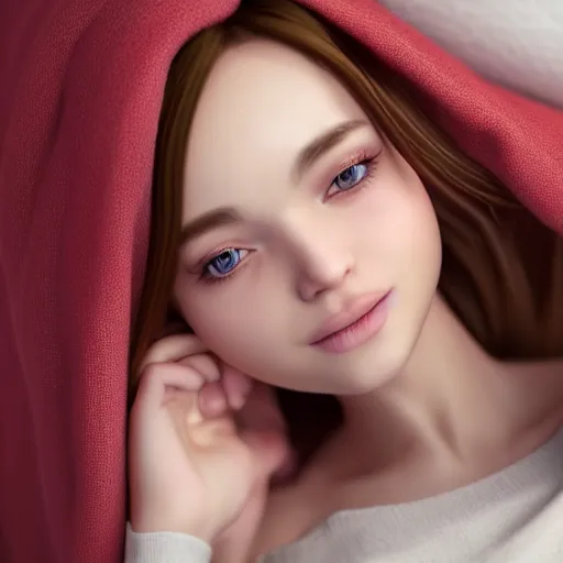 Image similar to 3 d render of a cute thin young woman, red blush, wearing casual clothes, small smile, relaxing on a couch, cuddling up under a blanket, cozy living room, medium shot, 8 k, octane render, trending on artstation, art by artgerm, unreal engine 5, hyperrealism, hyperdetailed, ultra realistic